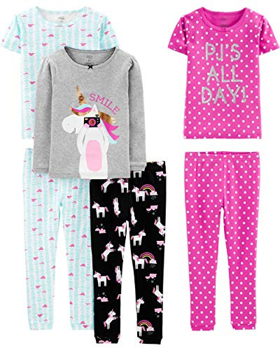 Simple Joys by Carter's Mädchen 6-Piece Snug Fit Cotton Pajama Set Pyjamaset, Blau Schildkröte/Grau Meliert/Rosa Tupfen/Schwarz Einhorn, 3 Jahre (3er Pack)