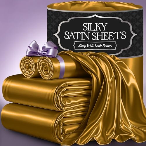 DECOLURE Satin Bed Sheets - 4 Piece Luxury Silky Full Size Bedding Set - Softer Than Silk, Wrinkle-Free with 15” Deep Pocket Fitted Sheet, Perfect for Hair & Skin, Gifts for Women (Gold)