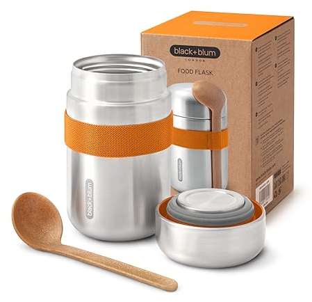BLACK + BLUM - Food Flask - Vacuum Insulated 304 Stainless Steel Food Container with Leak Proof Lid, Nylon Strap and Natural Wood Fibre Spoon - Keeps Hot for 6 hrs, Cold for 8 hrs, Orange - 400ml