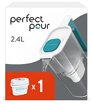 Aqua Optima Perfect Pour Wasserfilterkanne & 1 x 30 Tage Evolve+ Wasserfilterkartusche, 2,4 Liter Fassungsvermögen, zur Reduzierung von Mikroplastik, Chlor, Kalk und Verunreinigungen, Blau