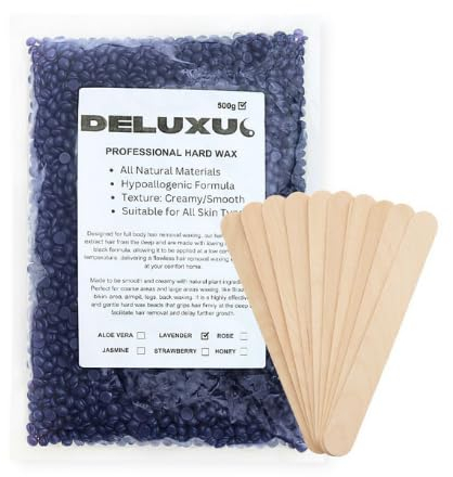 DELUXUS Hard Wax Beads 500g, Natural Stripless Hard Wax Beans with 10 Applicators, Waxing Beads for Bikini, Legs, Armpit, Eye Brow, Brazlian, Full Body Hair Removal. (Lavender)