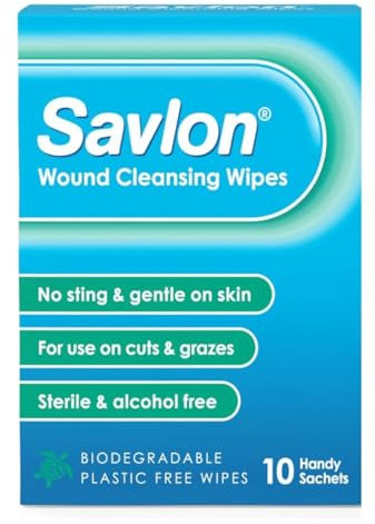 Savlon Wound Cleansing Wipes, Alcohol Free, Cleaning Wipes for Wounds, Pack of 10 Wipes, Gentle, for Cuts and Grazes, Sterile, Alcohol Free, Biodegradable Plastic Free Wipes