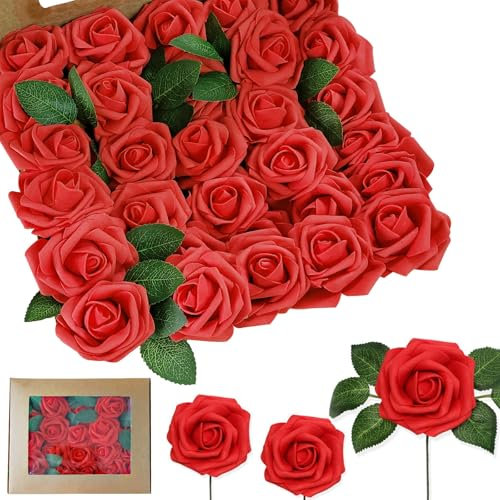 Chingcoo 30 Stück Künstliche Rosen, Kunstblumen, Blumen Künstlich, Künstliche Blumen Rosen, Rote Rosen Künstlich, Kunstblumen Deko, Kunstblume für Geburtstagsdeko, Hochzeitsdeko, Party Deko