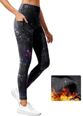 Showitty Fleece Lined Leggings Women with Pockets - Winter Warm Thermal Yoga Pants for Running Workout Plus Size Galaxy