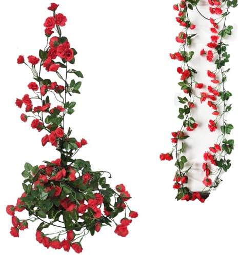 KEAIDUO 2 Pack 6.07FT (185cm) Artificial Flowers Garland Rose Vine Hanging Flowers for Decorations, Faux Rose Flowers with Realistic Design for Home Garden, Wedding Party Red