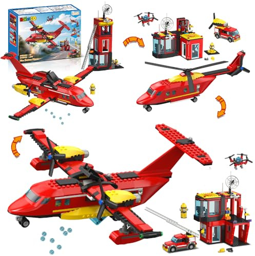 HiWEEGO 3 in 1 City Fire Rescue Plane Building Set, 803 PCS Airplane Building Blocks Kits Toys with Helicopter Fire Station & Truck, Birthday for 6+ Kids Boys Girls Fans of Firefighter