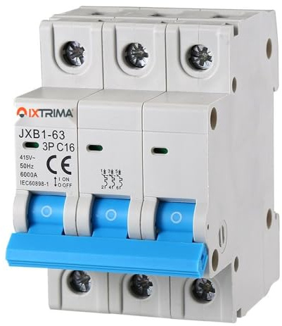 Ixtrima Interruttore Magnetotermico tripolare, 3 Poli, 380V, 6KA, Ampere 6A 10A 16A 20A 25A 32A 40A 50A 63A (C16-16A)