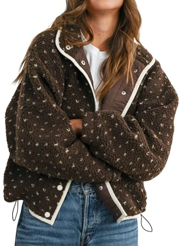 Meyhad Women's Fleece Jacket Button Down Lapel Collar Sherpa Jackets Long Sleeve Contrast Quilted Outerwear(1006-Brown-S)