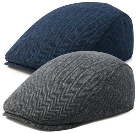 FEINION 2 Pack Men Wool Blend Gatsby Golf Flat Cap Tweed Newsboy Ivy Hat (Herringbone Grey/Herringbone Navy)