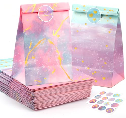 12 Stück Geschenktüten Kindergeburtstag,Geburtstagstüten Kinder mit 18 Aufkleber,Geschenktüte Geburtstag,Bunt Mitgebsel Tüten,Kleine Papiertüten für Feste Geburtstage Hochzeiten