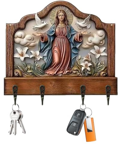 Porte-clés De Vierge Marie, Porte-clés Mural En Prière De Vierge Marie, Porteclés Mural Religieux Chrétien, Porteclés En Bois Rustique Avec 4 Crochets En Métal, Décoration D'entrée De Ferme - 30cm