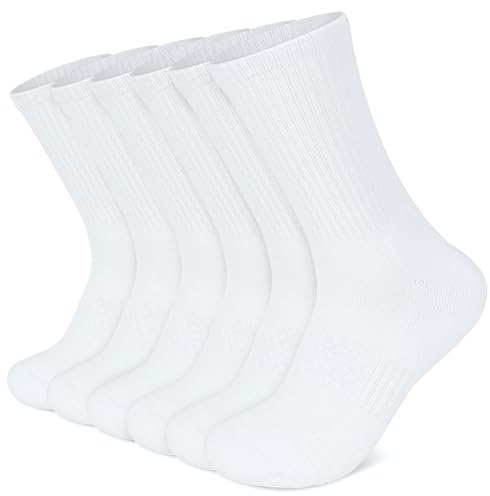PERMANENTLY001 Mens Sports Crew Socks Women Cotton Running Socks Athletic Basketball Tennis Hiking Gym Cricket Reinforced Breathable Moisture wicking UK 10-13 Plain White 6 pairs L