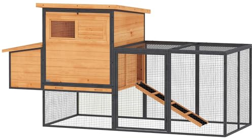 PawHut Pollaio XXL in legno e acciaio per 3-5 galline, grande pollaio con recinto, ponder, cassetto per escrementi e tetto aperto, capanno per galline da giardino esterno, 192 x 81,5 x 104 cm