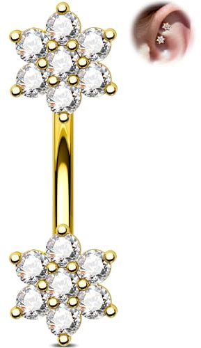 OUFER 16G Flower Gold Rook Piercing Eyebrow Barbell with Clear Black Cubic Zirconia, Stainless Steel Curved Eyebrow Bar 6/8 mm Rook Body Piercing Jewellery for Women Elegant