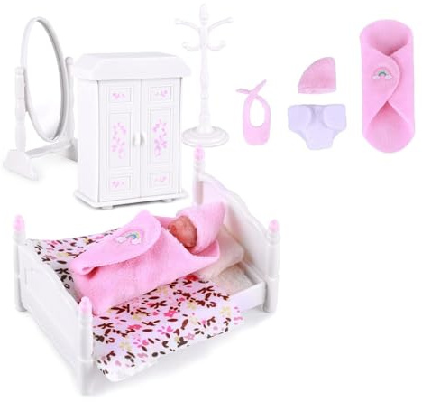 Bottone 3inch Realistic Miniature Reborns Silicone Baby Dolls with Bibs Hat and Furniture for Children Pretend Play Baby Role Play Toy