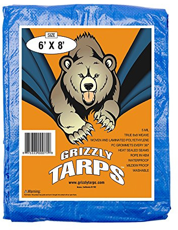 Grizzly Tarps by B-Air 6' x 8' Large Multi-Purpose Waterproof Heavy Duty Poly Tarp with Grommets Every 36, 8x8 Weave, 5 Mil Thick, for Home, Boats, Cars, Camping, Protective Cover, Pack of 6, Blue