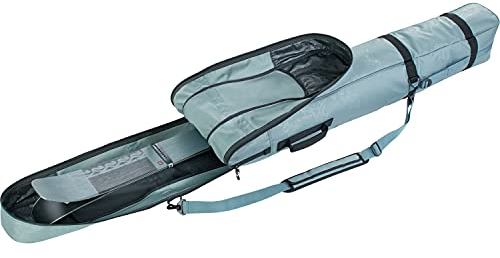 EVOC SKI Bag Skitasche, Reisetasche für Ski (weit aufklappbar, Komprimierungsgurte zur Anpassung des Packvolumens, Abnehmbarer Schultergurt, Ski bis 195 cm, Platz für Stöcke), Stahlgrau