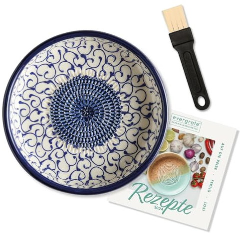 evergrate Keramikreibe Dipschale im Motiv Celia mit Küchenpinsel und Rezeptheft