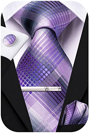 Hi-Tie Mens Purple Gray Ties for Wedding Classic Silk Plaid Checks Necktie Pocket Square Cufflinks Clip Pin Set Formal