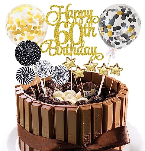 Décoration de gâteau 60 ans - Noir et doré - 60 ans - Décoration de gâteau d'anniversaire Happy 60 Birthday - 60 ans - Pour homme - 60 ans
