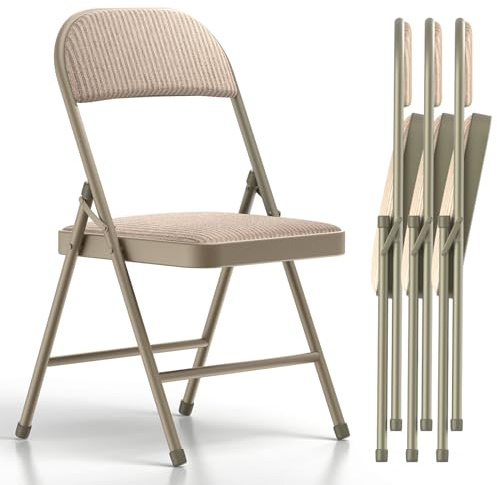 Nazhura 4 Pack Folding Chairs, Fabric Dining Chair Set with Padded Cushion and Back, Indoor Outdoo Seat for Home Office Events Wedding Party (Oatmeal Strip Fabric Seating)