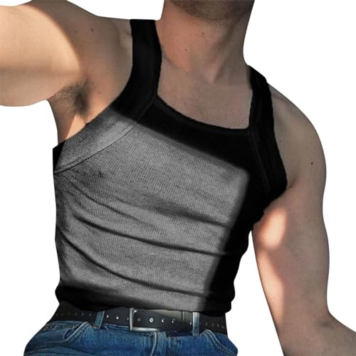 HAOLEI Ribbed Vests for Men UK Clearance Square Neck Tank Tops Plain Sleeveless Tshirt Breathable Slim Fit Summer Casual Tops Lightweight Gym Workout Bodybuilding Sports Vest Sportswear