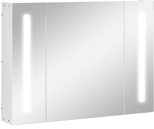 kleankin Specchio Bagno Contenitore, Armadietto con Specchio da Bagno a Parete in MDF con 3 Armadietti, 3 Ripiani e Luce LED, 90x15x65 cm, Bianco