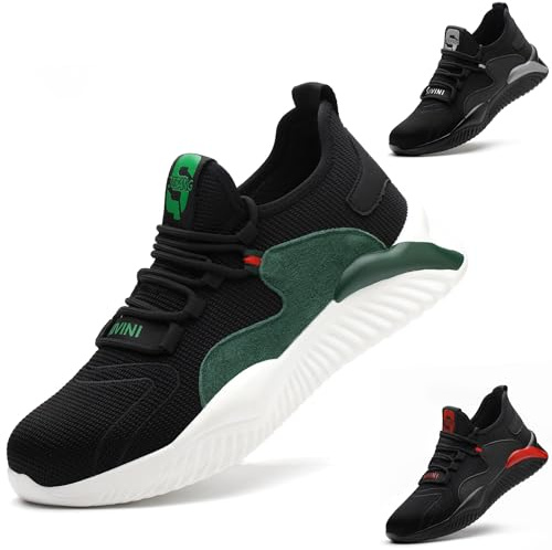 TOLHE Zapatos de Seguridad Mujer Zapatos de Seguridad para Hombre Zapatos de Industria y Construcción para Mujer Calzado Seguridad Deportivo Puntera de Acero Negro Verde 39EU