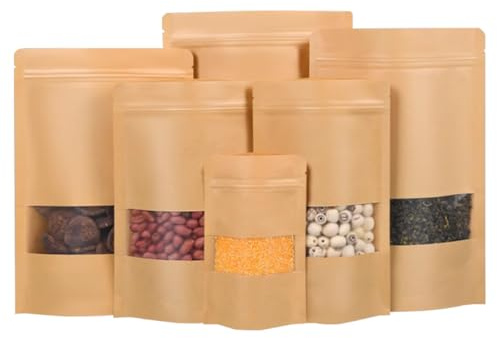 Gozmy Bolsas de papel kraft reutilizables con ventana, 16 x 26 cm, 50 unidades, herméticas, cierre a presión, perfectas para almacenamiento de alimentos