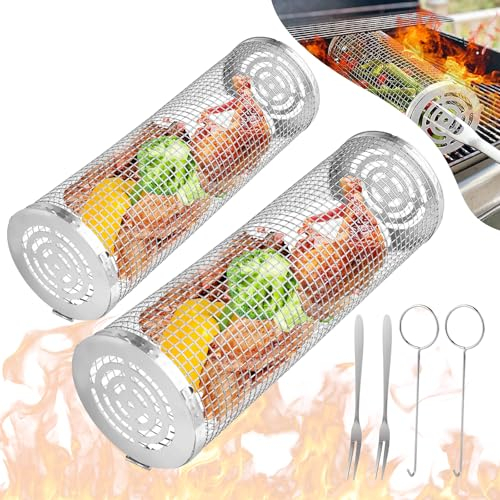 2 Stück Rollender Grillkorb, Grillkorb Gemüse, Edelstahl Große Runde Grillkörbe mit Haken Gabeln Set, Outdoor Küche Grillkorb Rund für Gemüse, Fisch, Fleisch, Geschenke Geschenkkorb für BBQ Enthusias