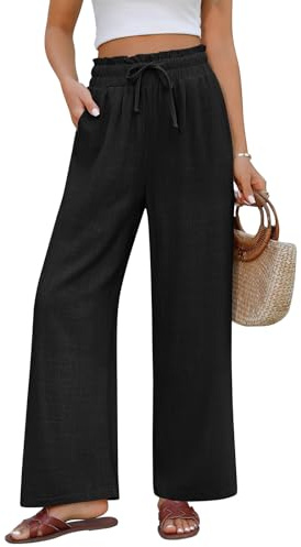 PASUDA Womens Linen Trousers Summer Wide Leg Pants Cotton Linen Casual Pants with Pockets Elasticated High Waist with Drawstring Loose Lounge Pants for Ladies (Black, XXL)