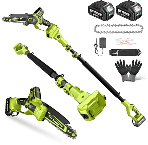 Electric Pole Saws for Tree Trimming, 8 Inch & 6 Inch Mini Chainsaw Cordless with Extension Pole, 16Ft Reach, 2x4.0Ah Battery, Auto Oiling, Tool-Free Chain Tensioning, Tree Trimmer for Branch Limb Cut