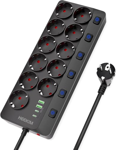 Regleta Enchufes USB, Regleta 4000W 16A con 11 Toma de Corriente y 2 USB-A y 2 USB-C Puertos, 6 Interruptores, Enchufe Multiple Cable de Extensión 3M para Hogar, Oficina, Escuela