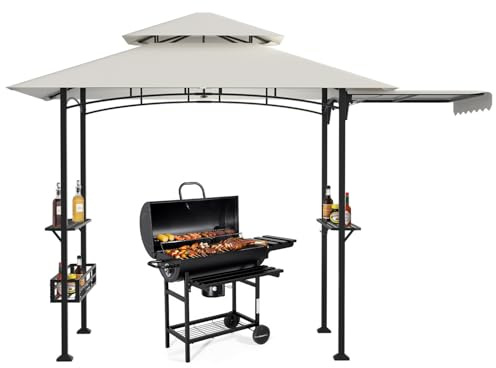 Peviasot Grillpaviljong 238 x 148 x 242 cm med sidotak, BBQ paviljong med dubbeltak, 2 sidohyllor, förvaringskorg, 10 krokar, flasköppnare, UV30 solskydd, krämvit, för trädgård och terrass