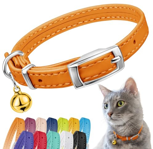CollarDirect Leather Cat Collar, Cat Safety Collar with Elastic Strap, Kitten Collar for Cat with Bell Black Blue Red Orange Lime Green (Neck Fit 9-11, Orange)