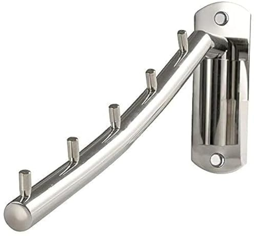 1 Pack Stainless Steel Folding Wall Mounted Clothes Coat Hanger Rack Clothes Hook Swing Arm Holder with 5 Hooks Polished Finish Clothing Hanging System Closet Storage Organizer Heavy Duty Drying Rack