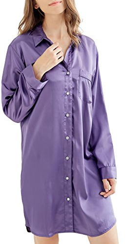 Nattlinne dam, satin nattlinne långärmad, nattkläder med knappslå sovskjorta, fritidskläder, violett, L