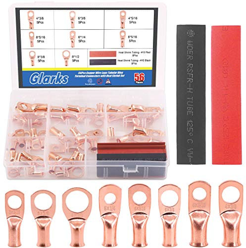 Glarks,Juego de 56 lengüetas de alambre de cobre con termorretráctil, conectores de terminales de anillo tubular con 16 tubos termocontraíbles, color negro