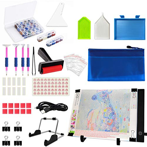 JUSONEY Diamond Painting Zubehör - 41 PCS Dimmable ultradün Leuchttisch A4 Light Pad Kit mit DIY 5D Diamond Painting Werkzeug Set - USB Kabel für Malen Animation Tattoo Zeichnung