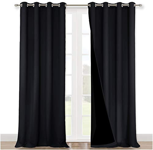 NICETOWN Cold Blocking 100% Blackout Curtains, Durable Black Lined Blackout Curtains for Bedroom, Energy Saving Long Curtains for Patio Sliding Glass Door, Black, 52 inches x 95 inches, 2 Panels