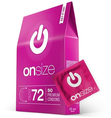 ON) ONsize Preservativi | Larghezza 72 mm | Confezione da 50 | premium ultra sottili | Con gel lubrificante al silicone | Spessore parete 0,07 mm | per Uomini