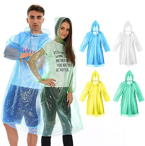 4 Pack Disposable Rain Ponchos, Waterproof Ponchos Adults Rain Poncho Emergency Waterproof Rain Coat Poncho with Drawstring and Hood, Suitable for Festivals, Camping, Hiking and Everyday Commute