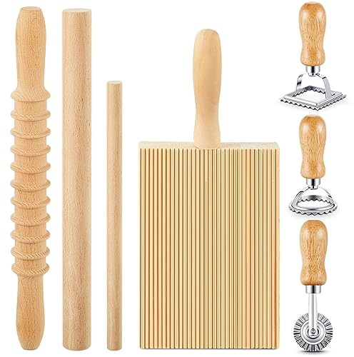 Tioncy 7 Pieces Gnocchi Noodle Making Tool, Wooden Gnocchi Board with Ravioli Stamp and Rolling Pin, Homemade Kitchen Gift for Baking Lovers (Pasta Style)