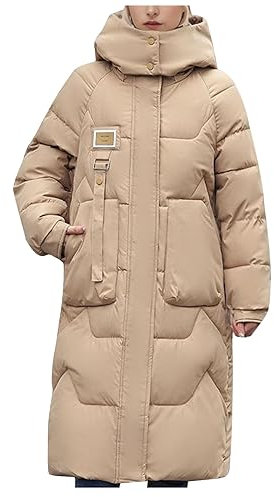 Yolimok Women's Long Winter DownCoat Thickened Hooded Jacket High Collar Windproof Warm Puffer Jackets Long Sleeve Quilted Padded Jacket Hooded Parka Coats Ladies Outdoor Cotton Jacket Khaki