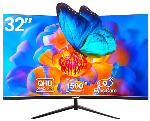 Gawfolk Curved Monitor 32 Zoll 75Hz, 1500R Gaming PC Bildschirm QHD (2560 x 1440p), Rahmenloses Computerbildschirm mit FreeSync und Eye Care Technologie, unterstützt VESA