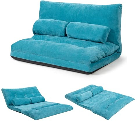 GOPLUS Golvsoffa med sovfunktion, 3-i-1-bäddsoffa med kudde och justerbart ryggstöd, hopfällbar soffa, bäddfåtölj för vardagsrum och gästrum (blå, 178 x 98 x 18 cm)