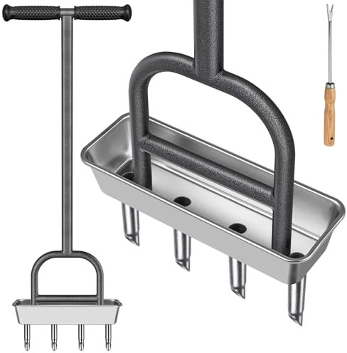 BeneLabel Aireador de Césped, Herramienta de Aireación de Césped de Acero Inoxidable con 4 Púas Huecas para Jardín Bandeja de Almacenaje y Agarre Suave para Aflojar el Suelo y Mejorar el Césped, 93cm
