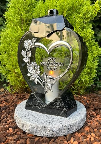 Lanterne funéraire en forme de cœur - Lanterne avec texte « We VerMIESSEN Dich » - Bougie funéraire - Bougie funéraire - Décoration funéraire - 33 cm - Modèle inclus : marbre noir - Peint à la main -