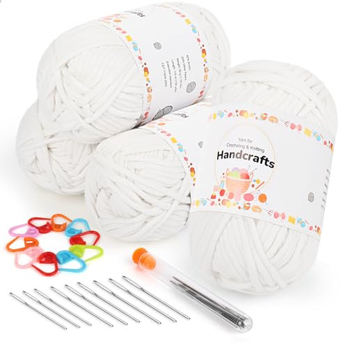 Aeelike 200g(4X50g) Dicke Häkelgarn Baumwolle zum Häkeln, Chunky Garn Yarn mit Häkelzubehör für Anfänger, Kein Geteiltes Wolle zum Stricken, Strickwolle mit gut Sichtbaren Maschen, Weiß