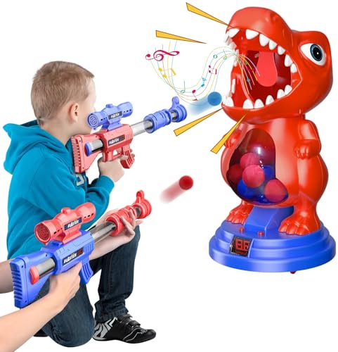 fygurso Juguete de Tiro con Dinosaurio móvil con 2 Pistolas de Aire comprimido, Juegos de Tiro al Blanco con puntuación LED, luz y Sonido, 24 Bolas de Espuma para de 3+ años Regalo para niño (Rojo)